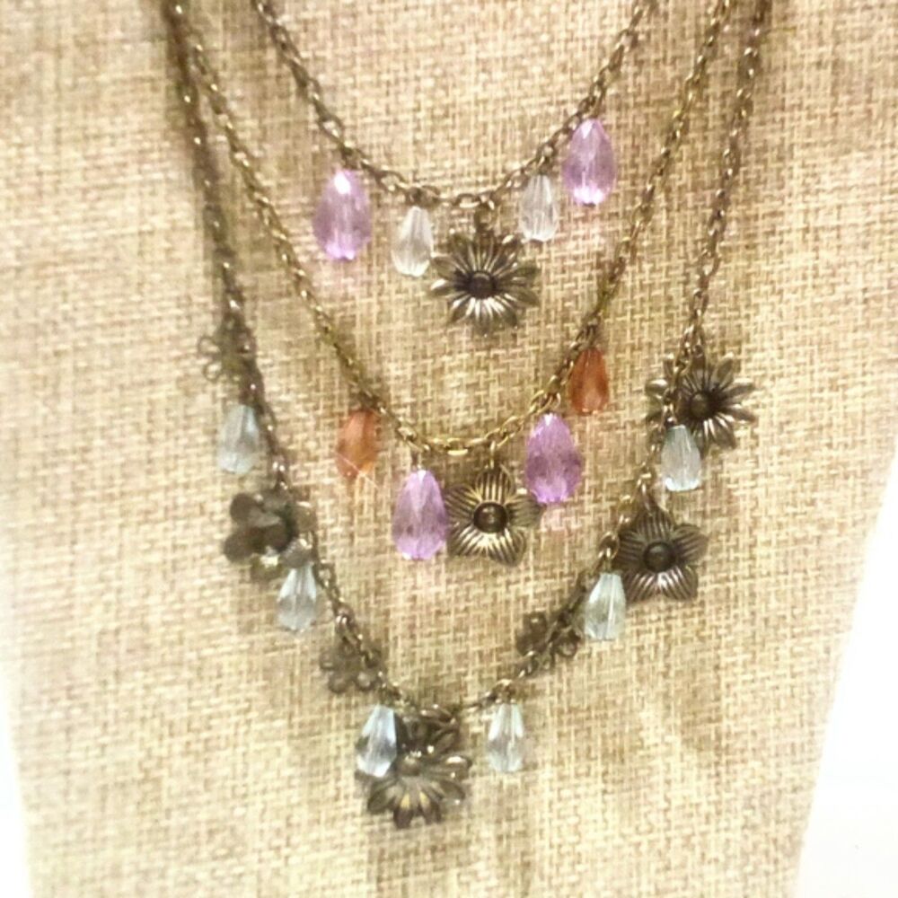 Boho Inspired Bead and Floral Design Brass Tone Multi Chain Charm Necklace